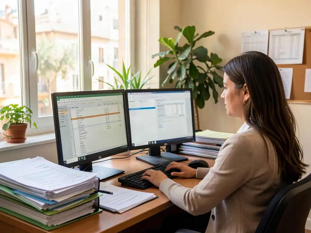 Asesora trabajando con dos monitores en una gestoría
